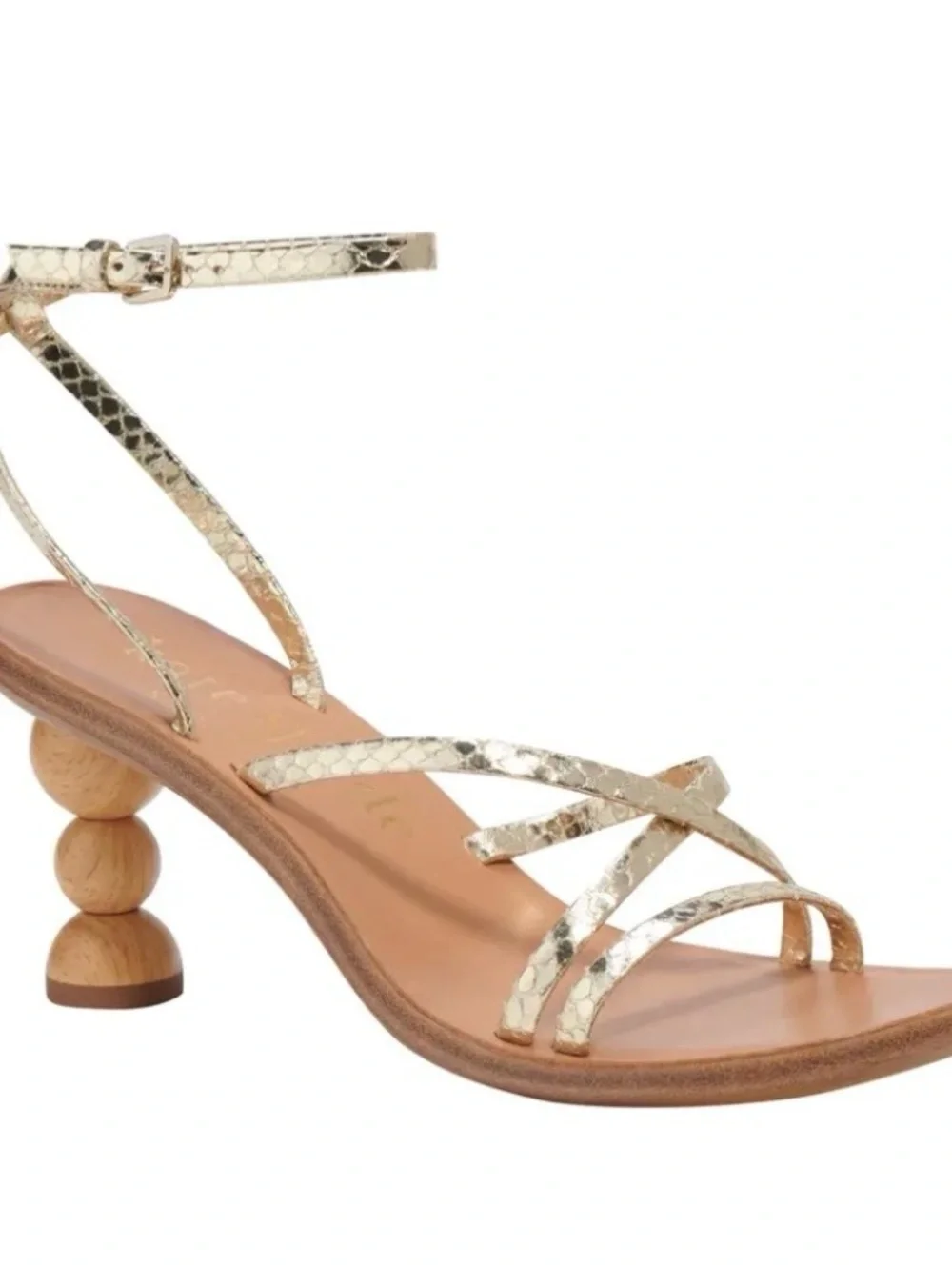 Kate Spade New York Charmer Metallic Gold Sandal with Sculpted Wood Heel 6.5